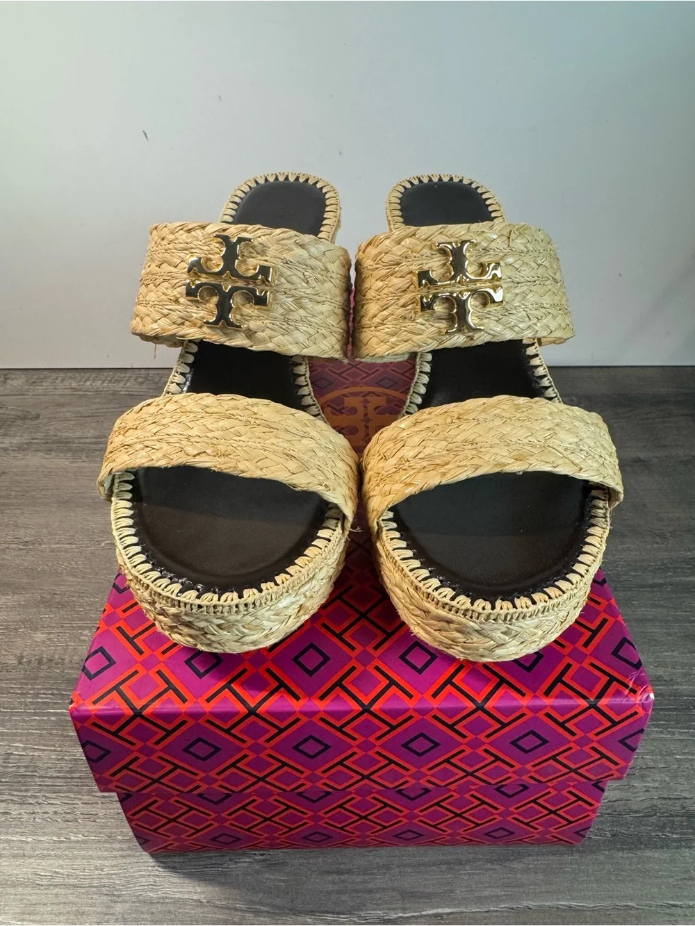 Tory Burch Everly Raffia Wedge Slide Sandals size 7 $320 EUC